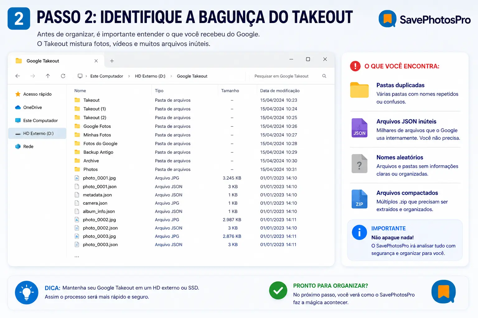 Passo 2 – Identifique a bagunça do Google Takeout: pastas duplicadas e arquivos JSON